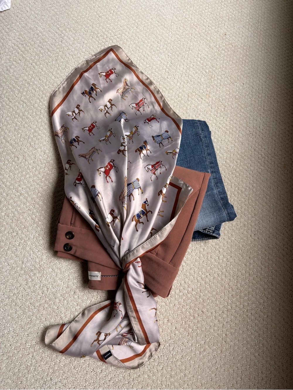 Equestrian Themed Square Scarf in Brown and Navy